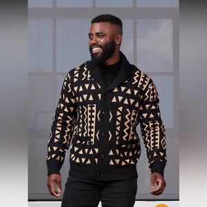 D'Iyanu Mens NWT Cardigan Sweater Sz 3XL African Print Black/Tan Geometric NEW